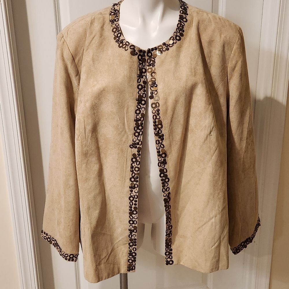 Frenz Woman new with tags blazer jacket, tan with gold trim design size 3X